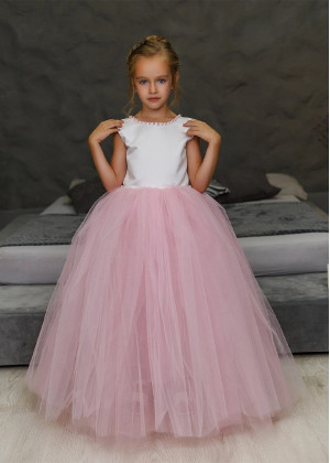 Pearl Neck Satin Tulle Chic Flower Girl Dress With Train